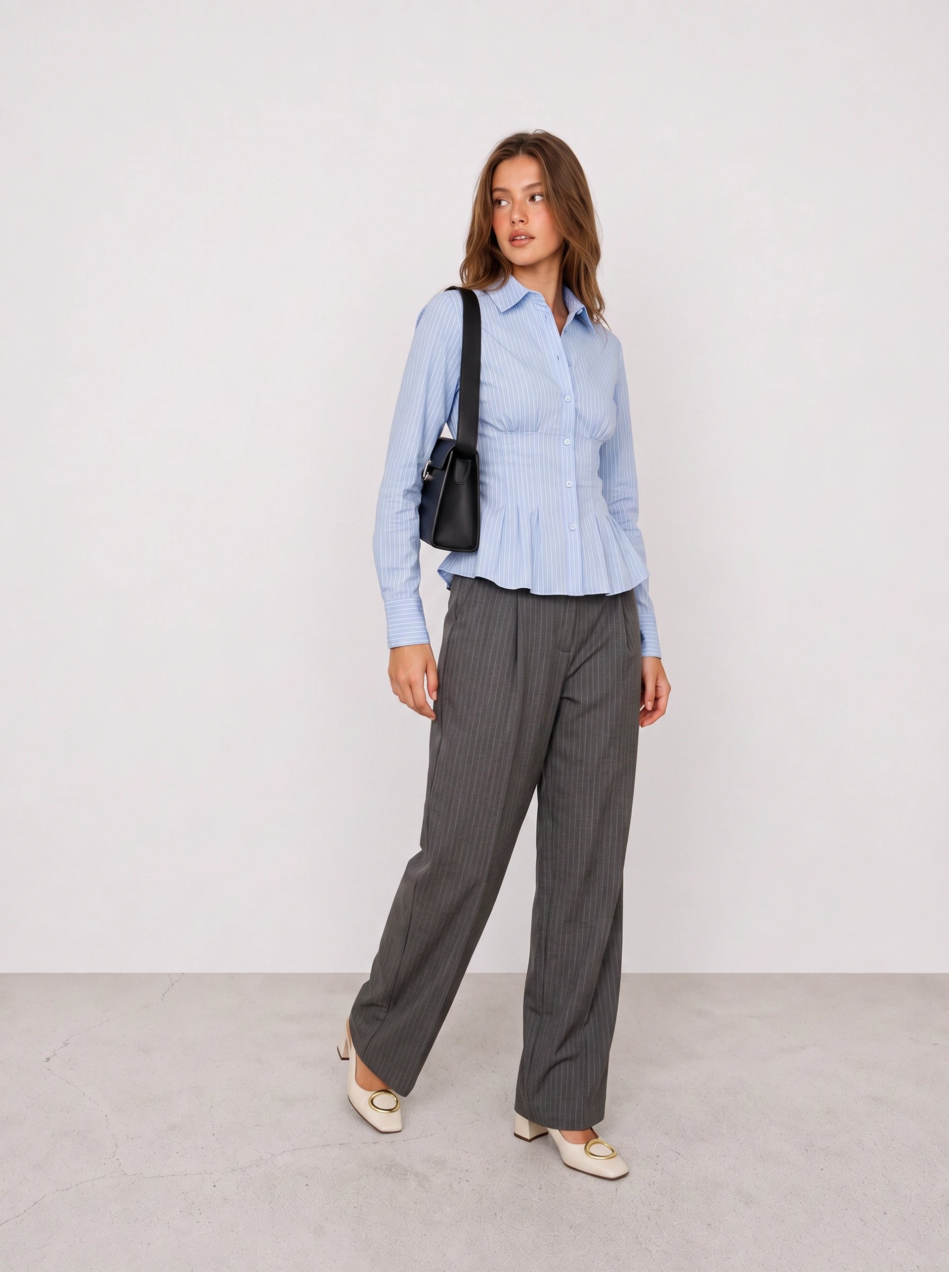 Blue Striped Shirt and Grey Trousers Office Outfit