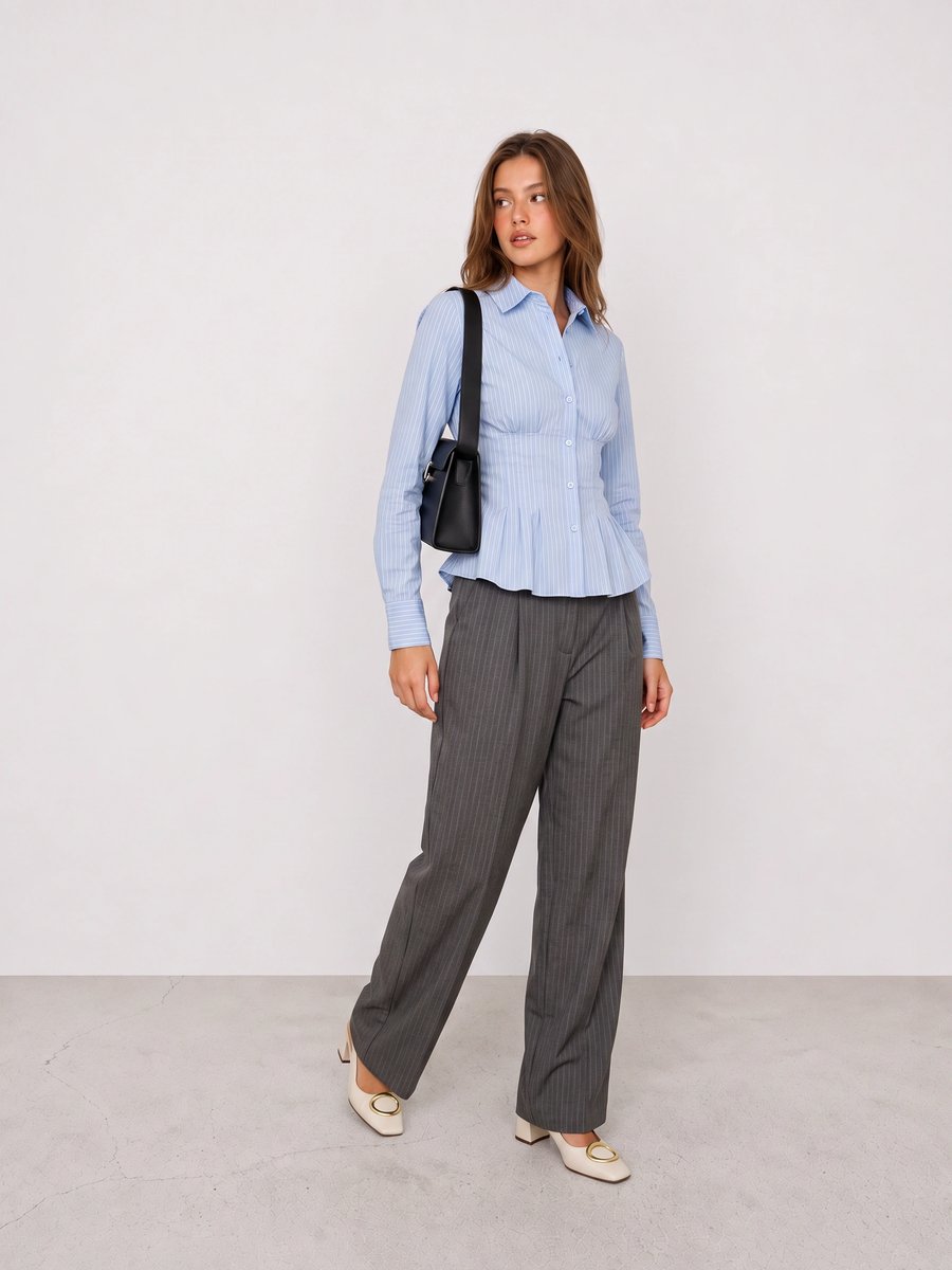 Woman wearing a light blue striped shirt, grey trousers, white slingback heels, and a black tote
