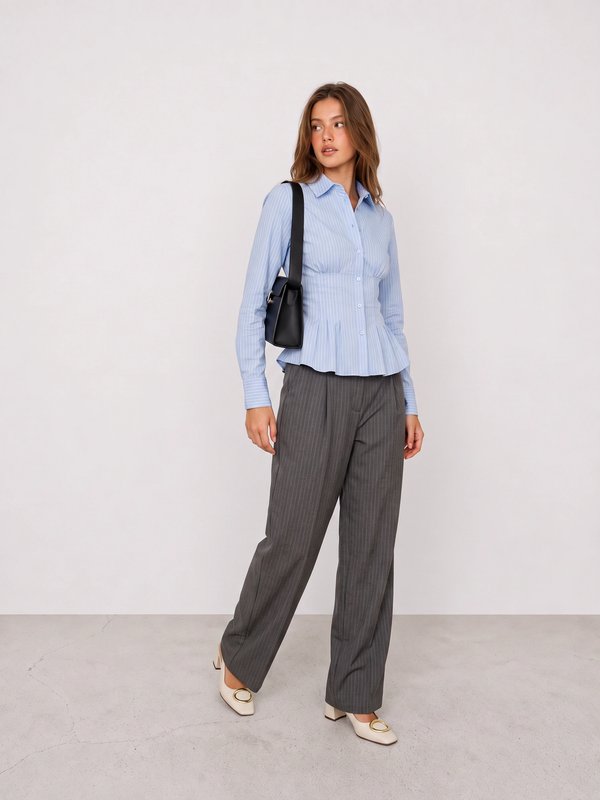 Blue Striped Shirt and Grey Trousers Office Outfit
