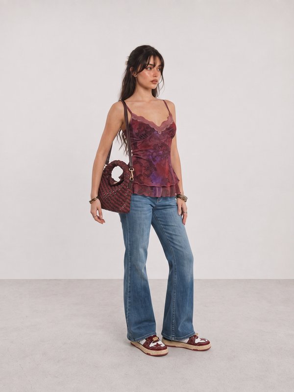 Burgundy Lace Camisole and Blue Flared Jeans Y2K Outfit