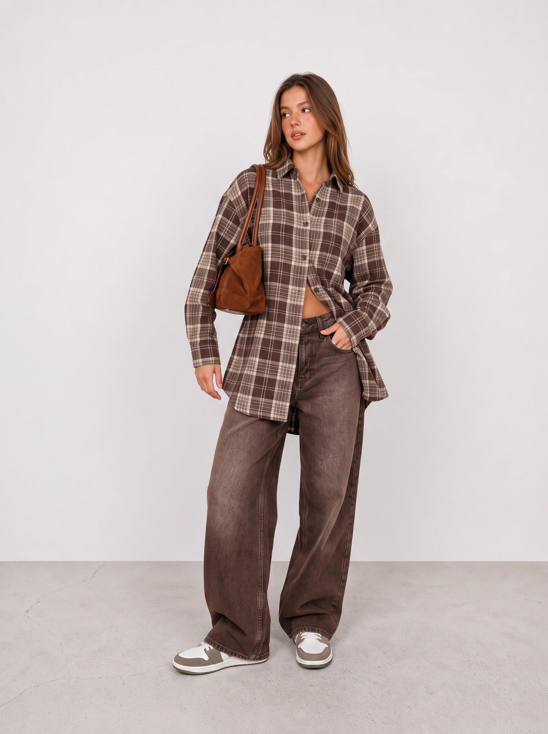 Plaid Overshirt and Brown Wide-Leg Jeans Outfit