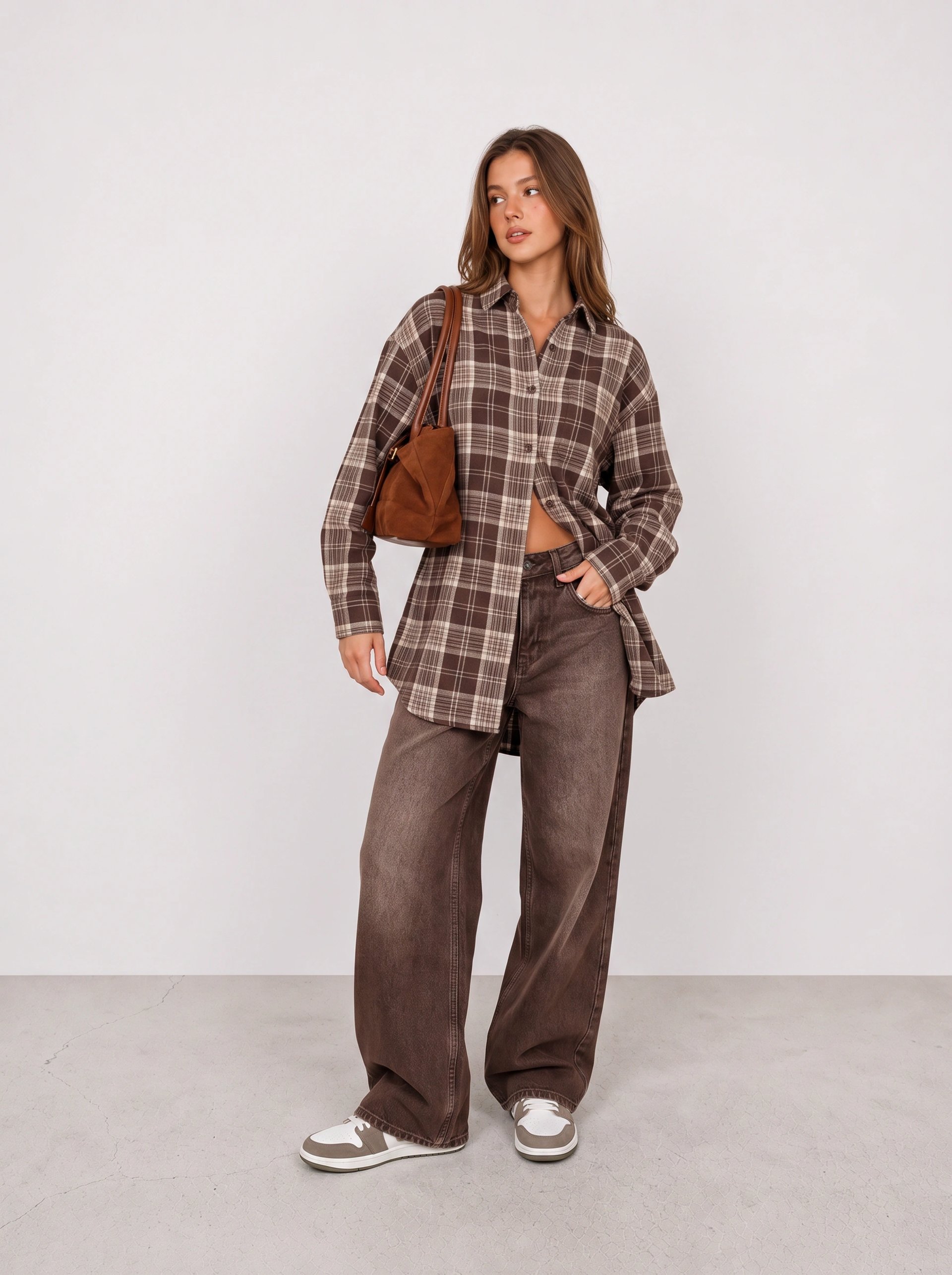 Plaid Overshirt and Brown Wide-Leg Jeans Outfit