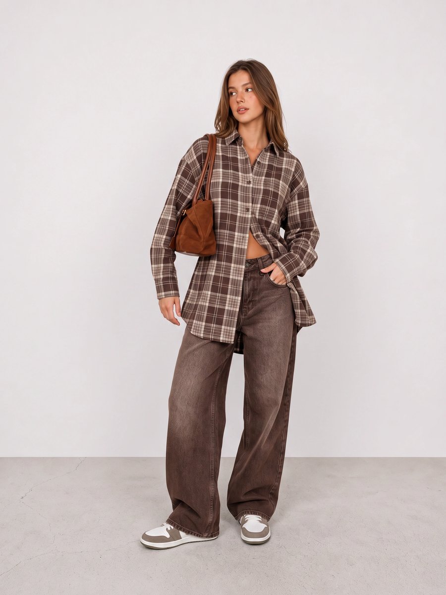 Woman wearing a brown plaid overshirt, brown wide-leg jeans, neutral sneakers, and a rust bag