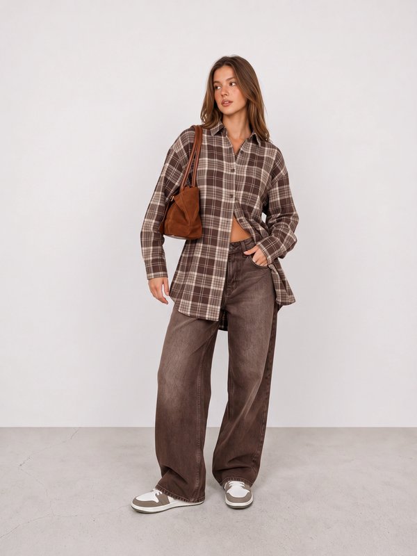 Plaid Overshirt and Brown Wide-Leg Jeans Outfit
