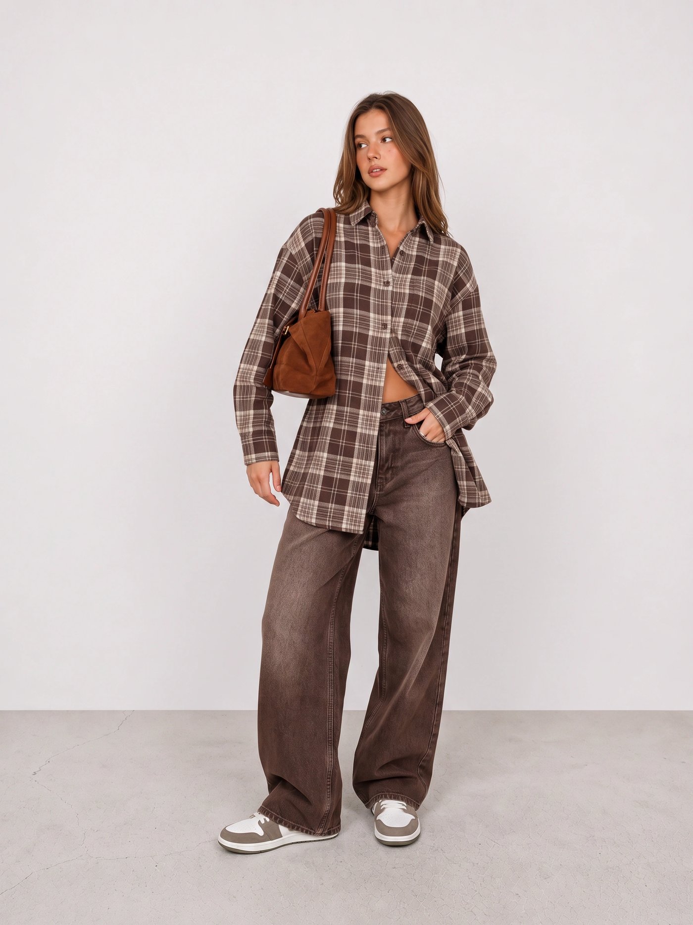 Plaid Overshirt and Brown Wide-Leg Jeans Outfit