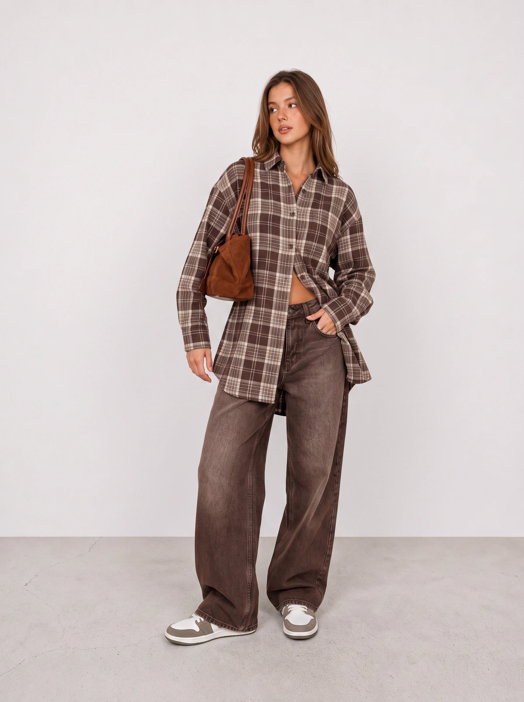 Plaid Overshirt and Brown Wide-Leg Jeans Outfit