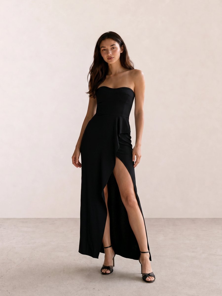 Black strapless maxi dress with a high thigh slit, styled with black strappy stiletto heels