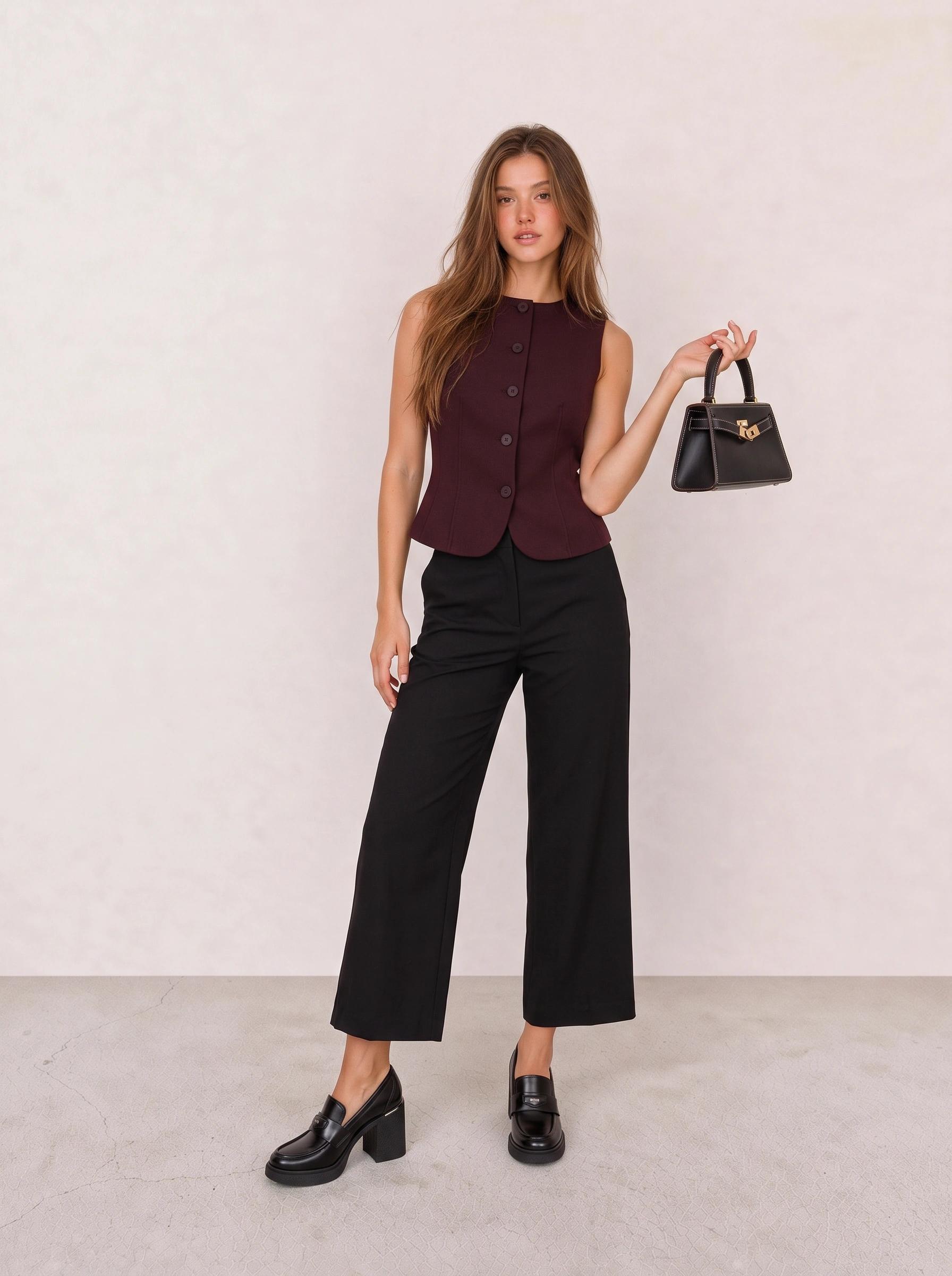 Burgundy Button-Front Waistcoat Top & Black Cropped Wide-Leg Trousers
