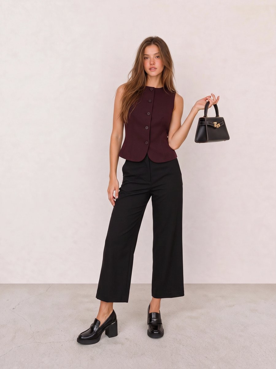 Old money look with burgundy button-front waistcoat top & black cropped wide-leg trousers and black block-heel loafers