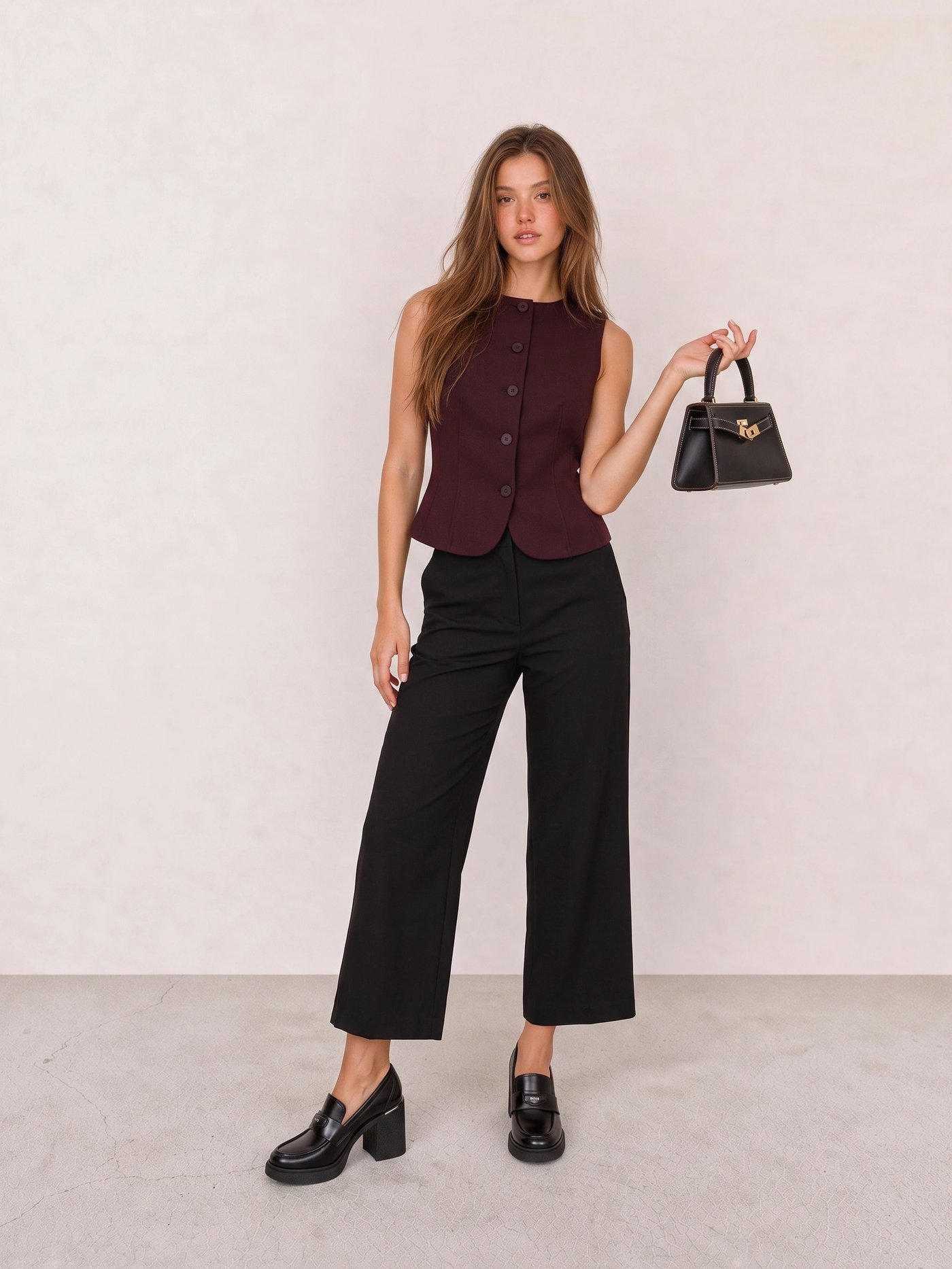Burgundy Button-Front Waistcoat Top & Black Cropped Wide-Leg Trousers