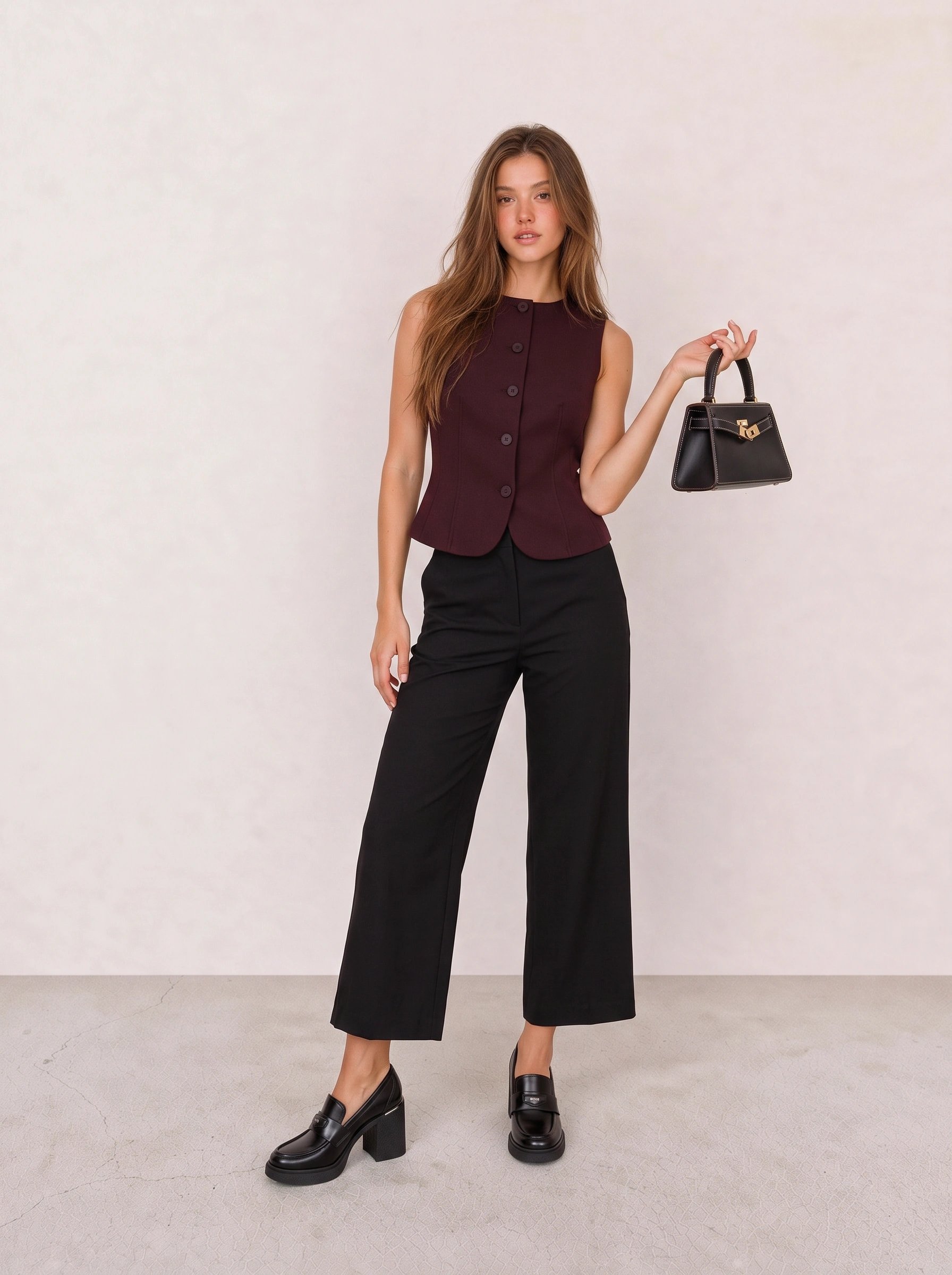 Burgundy Button-Front Waistcoat Top & Black Cropped Wide-Leg Trousers