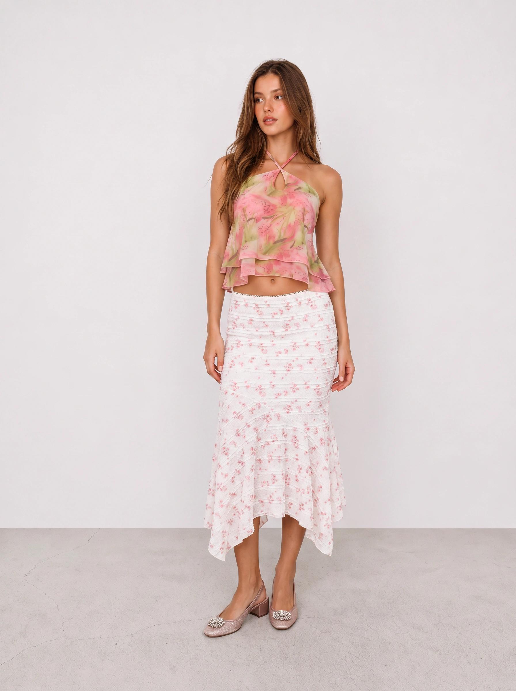 Pink Floral Halter Top and Ruffle Midi Skirt Outfit