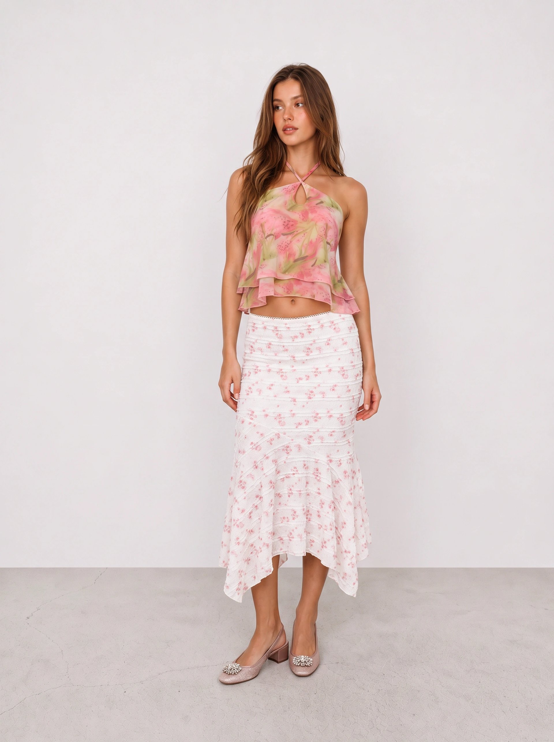 Pink Floral Halter Top and Ruffle Midi Skirt Outfit