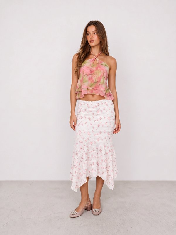 Pink Floral Halter Top and Ruffle Midi Skirt Outfit