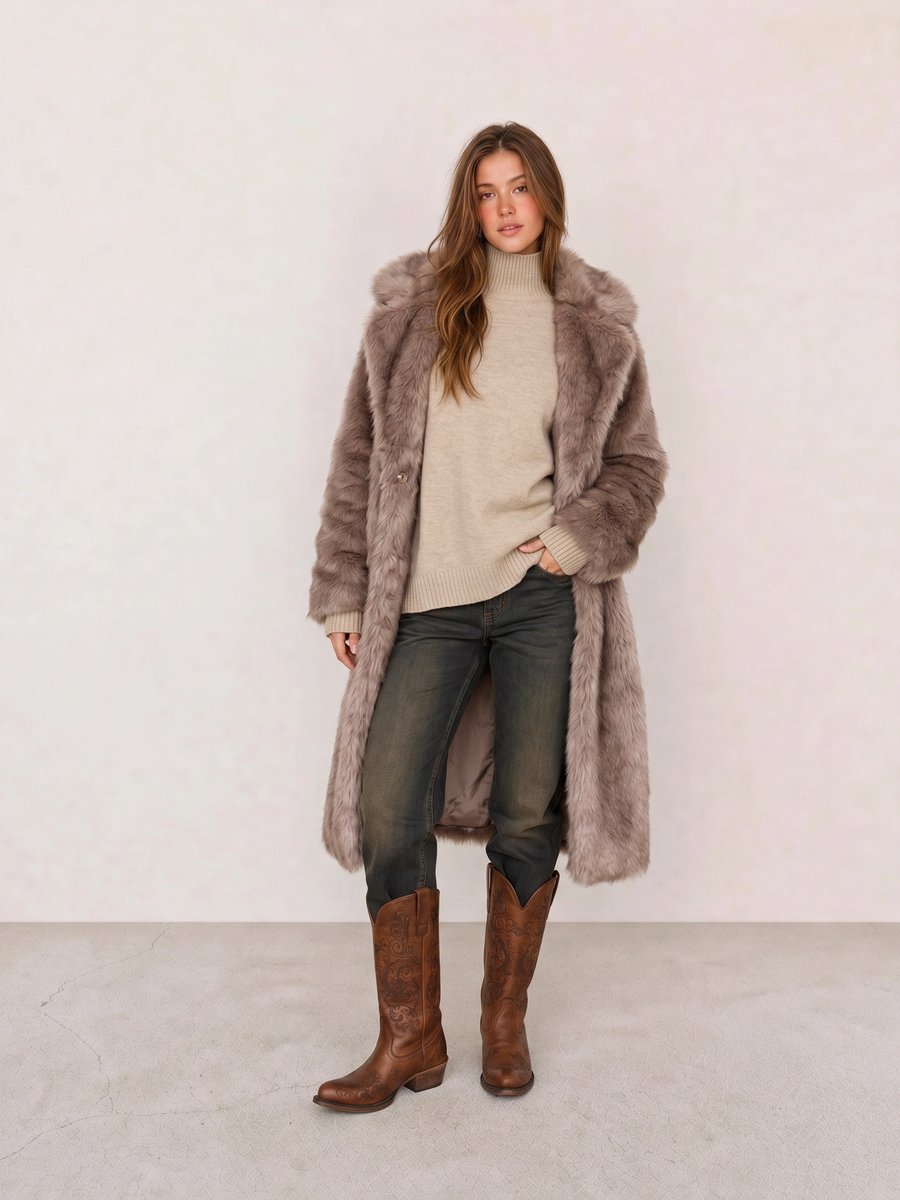 Winter outfit with a mauve faux fur coat, beige turtleneck sweater, and brown embroidered western boots
