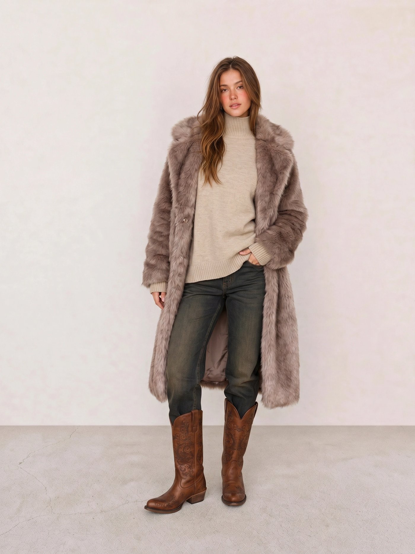 Mauve Faux Fur Coat & Beige Turtleneck