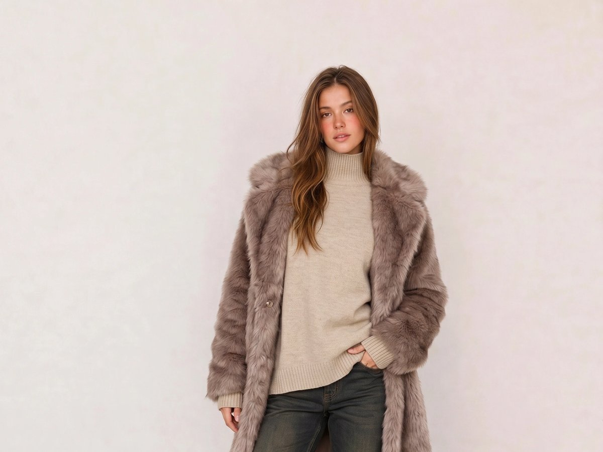 Mauve Faux Fur Coat & Beige Turtleneck