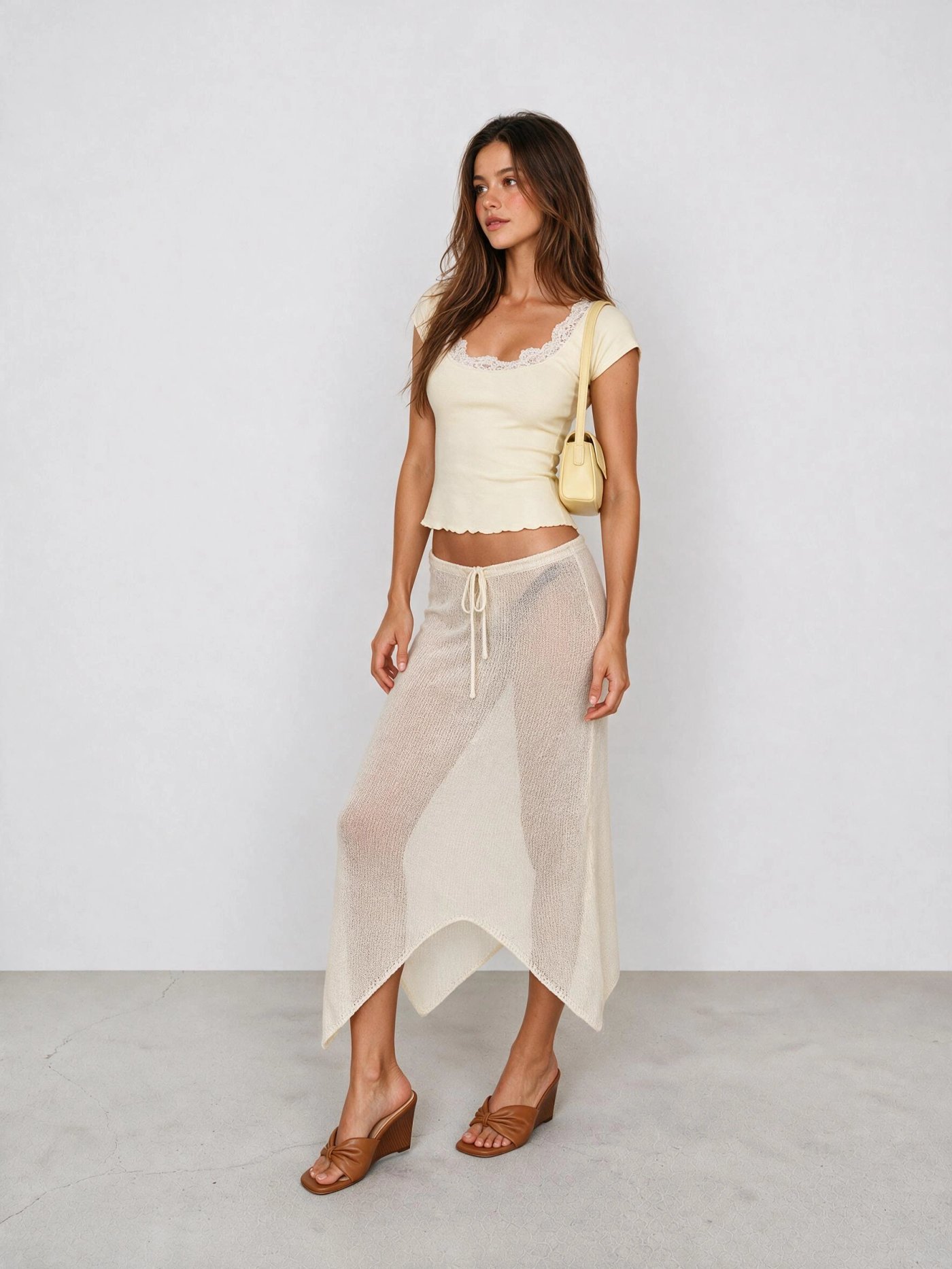 Cream Lace Trim Top and Knit Midi Skirt Outfit