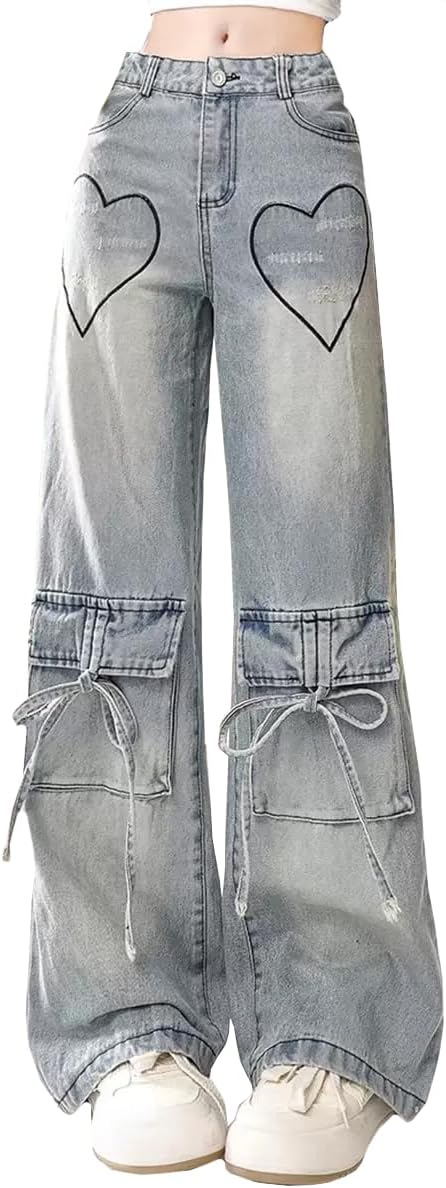 Light Wash Heart-Pocket Wide-Leg Jeans