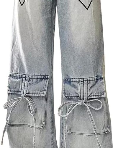 Light Wash Heart-Pocket Wide-Leg Jeans