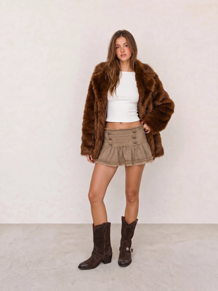 Winter outfit with a brown faux fur coat, taupe ruffled mini skirt, and brown suede harness boots