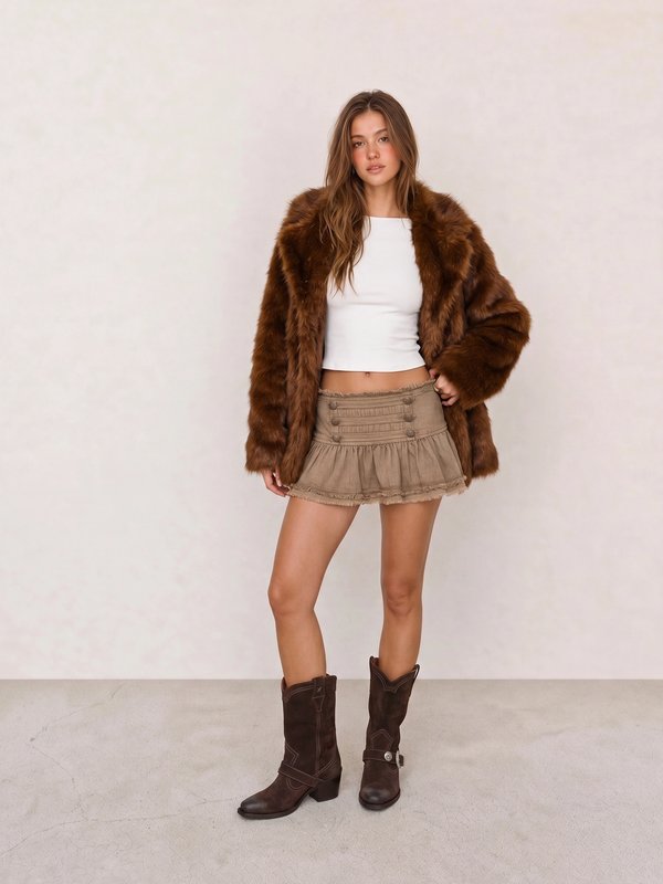 Brown Faux Fur Coat & Taupe Ruffle Mini Skirt