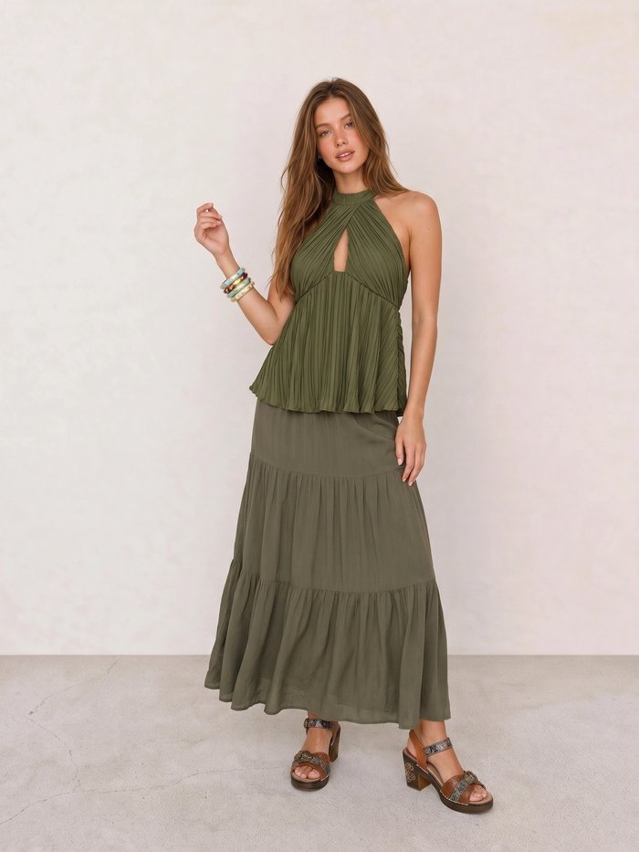Pleated Halter Top & Olive Tiered Maxi Skirt
