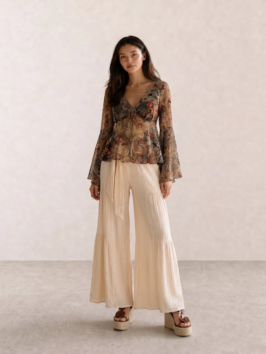 Boho outfit with a paisley bell-sleeve top, cream tiered wide-leg pants, and brown espadrille wedges