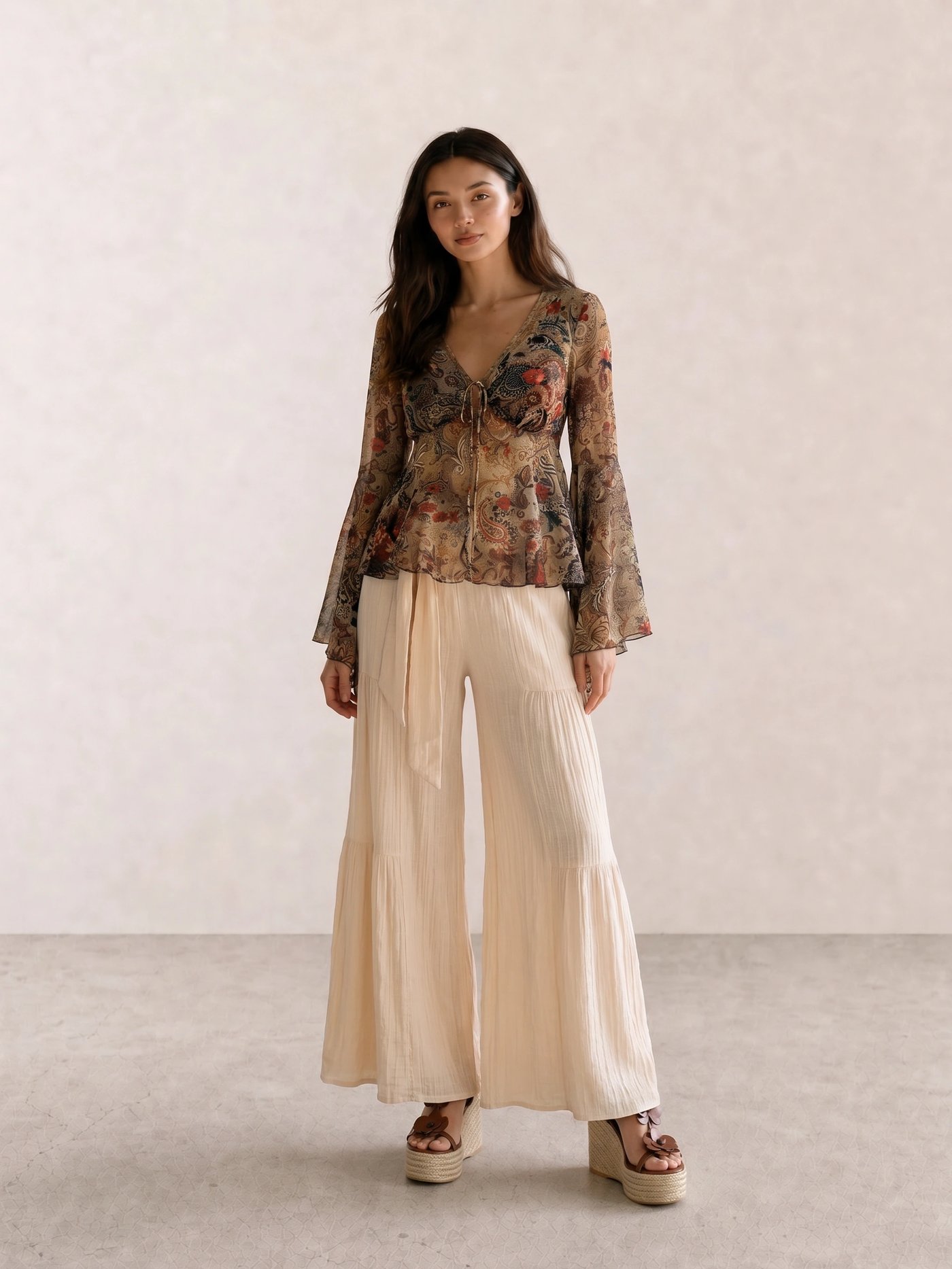 Paisley Bell Sleeve Top & Tiered Wide-Leg Pants
