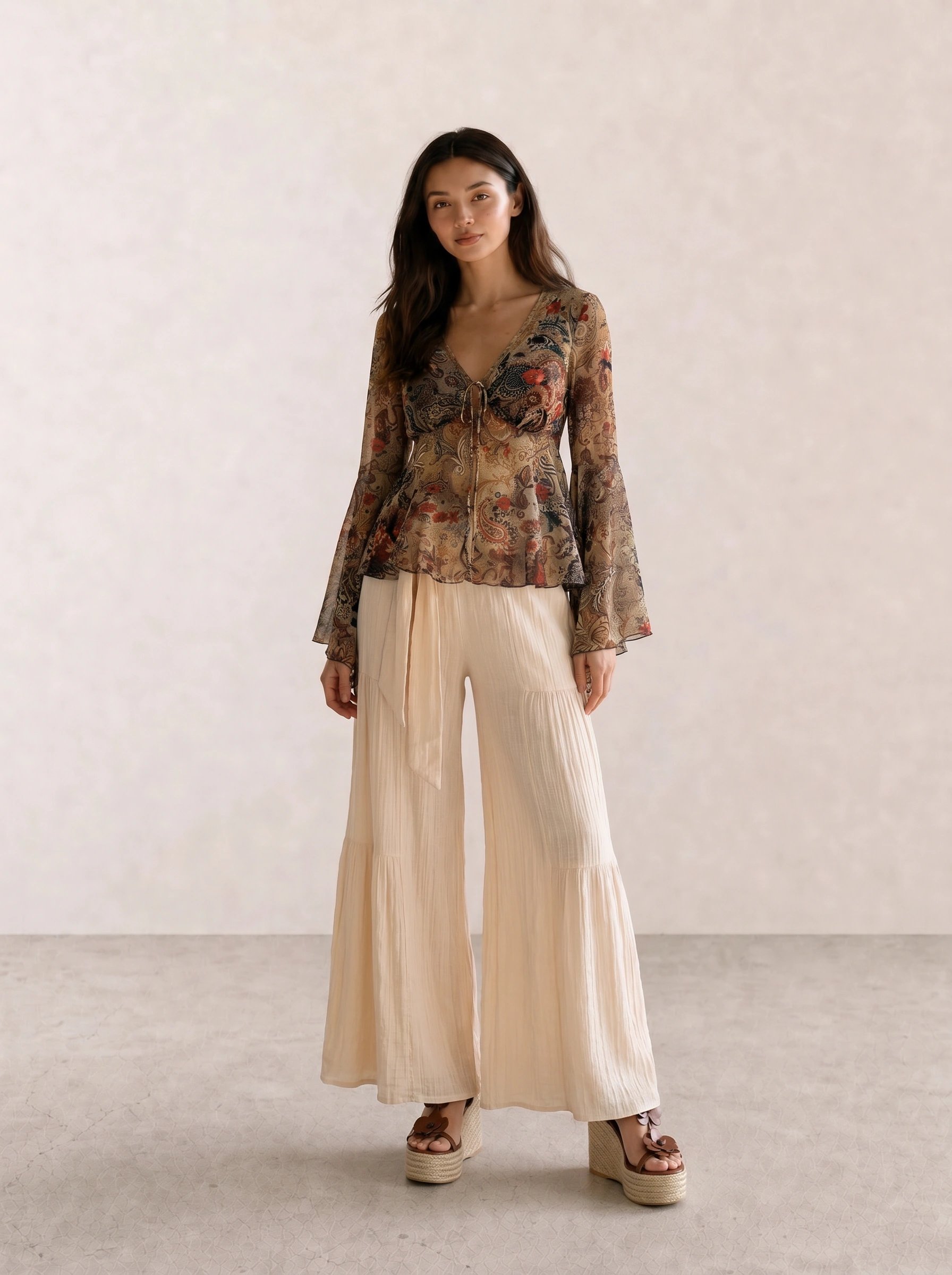 Paisley Bell Sleeve Top & Tiered Wide-Leg Pants