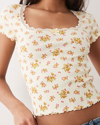 Cream Ribbed Ditsy Floral Crop Top