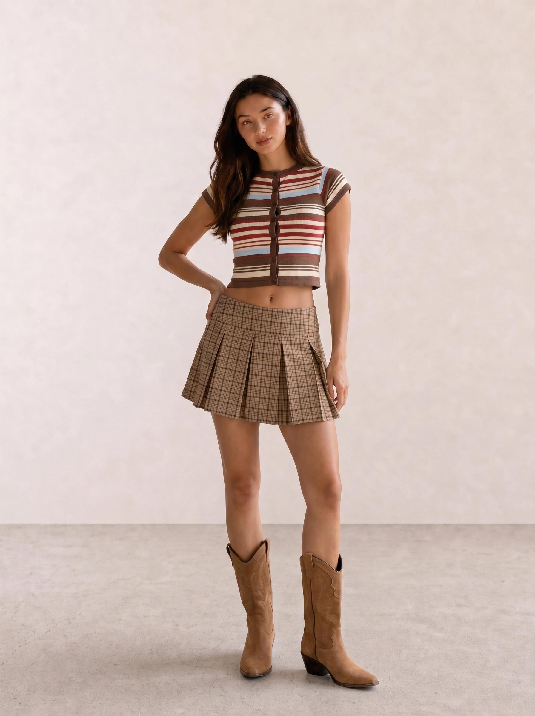 Striped Cardigan Top & Plaid Skirt with Tan Western Boots