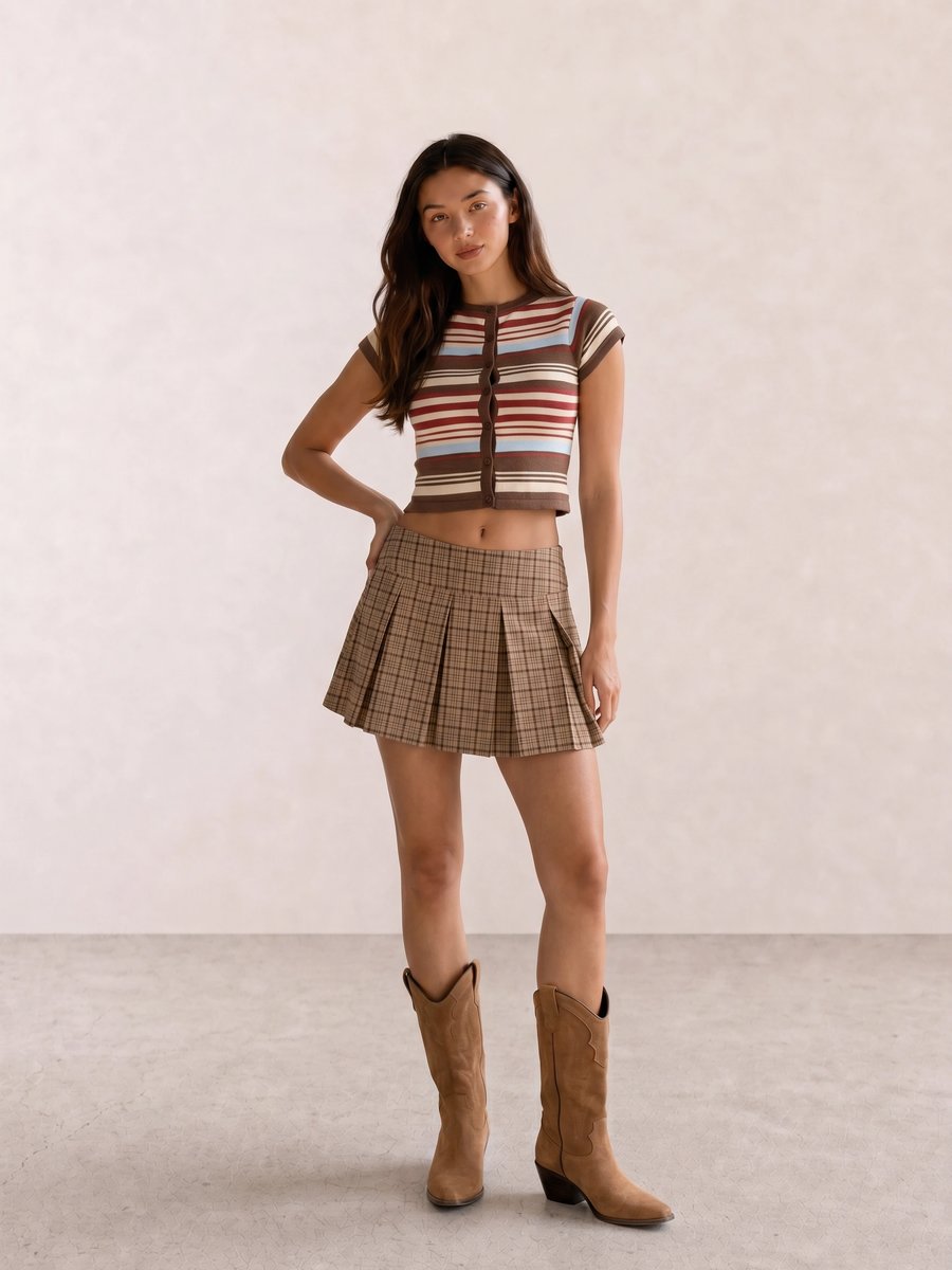 Autumn western outfit with a striped cardigan top, plaid pleated mini skirt, and tan western boots