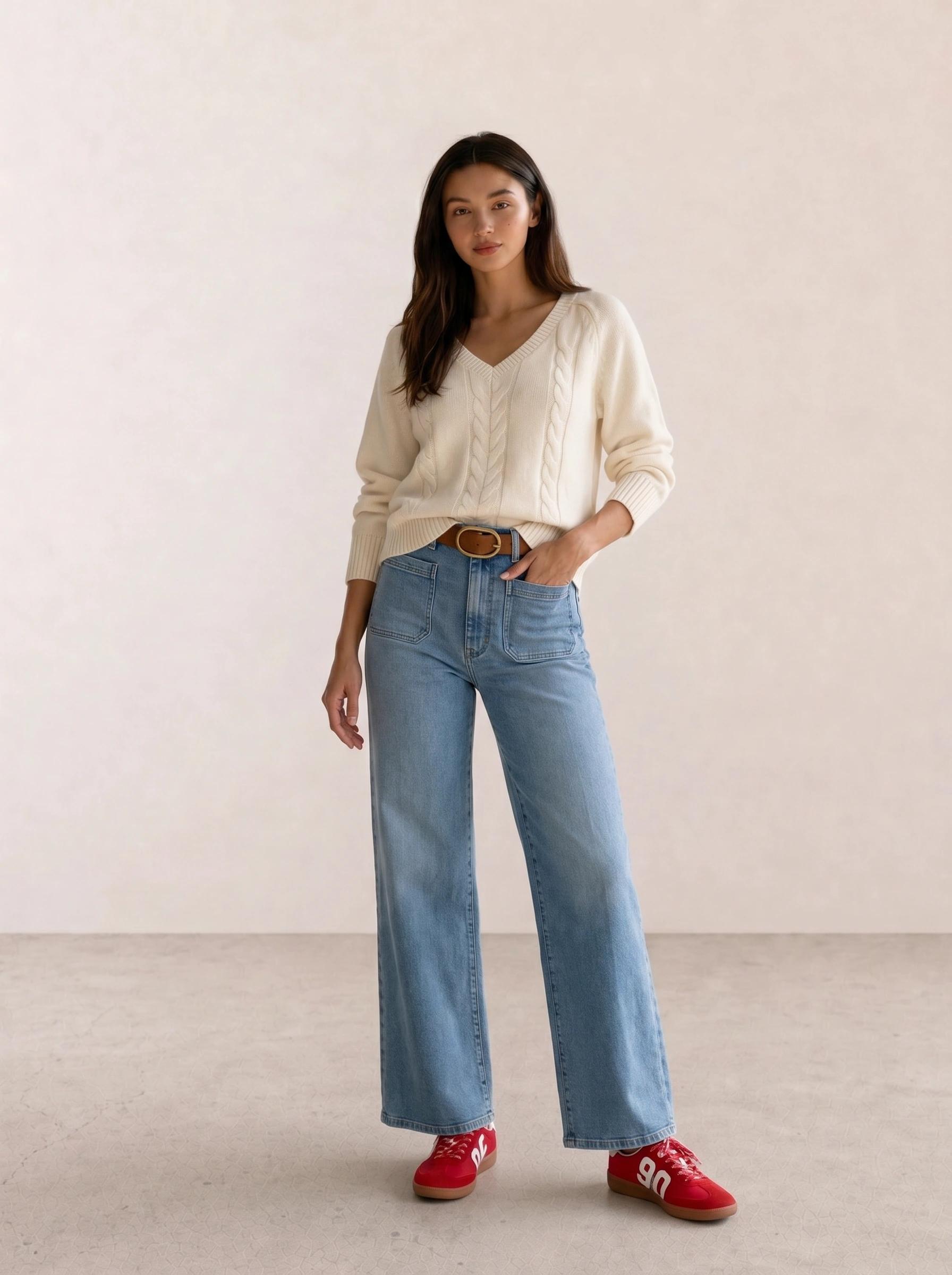 Cream Cable Knit Sweater & Light Wash Wide-Leg Jeans