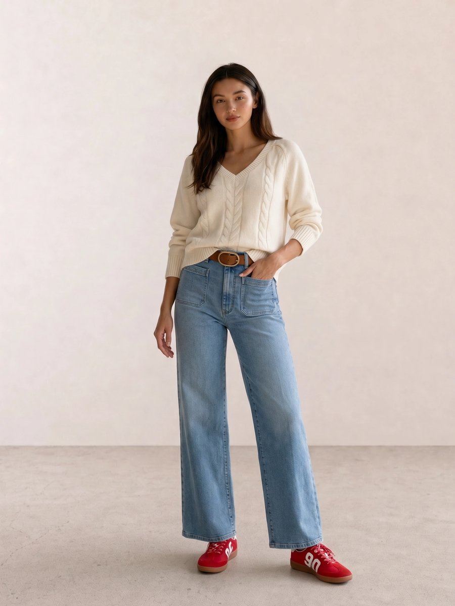 Clean girl outfit with a cream cable knit sweater, light wash wide-leg jeans, and red Steve Madden sneakers