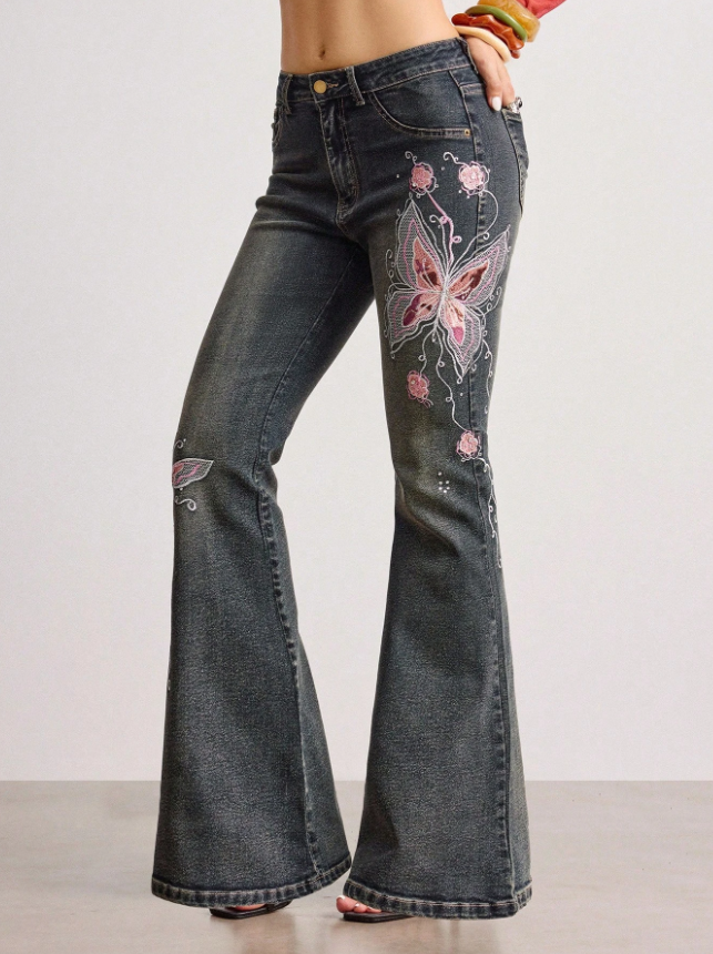 Dark Wash Floral Embroidered Flare Jeans