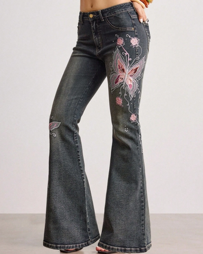 Dark Wash Floral Embroidered Flare Jeans