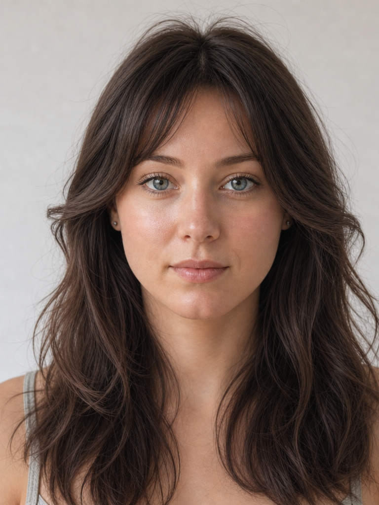 Long wavy layered haircut with bangs on a woman with a round face shape, front view