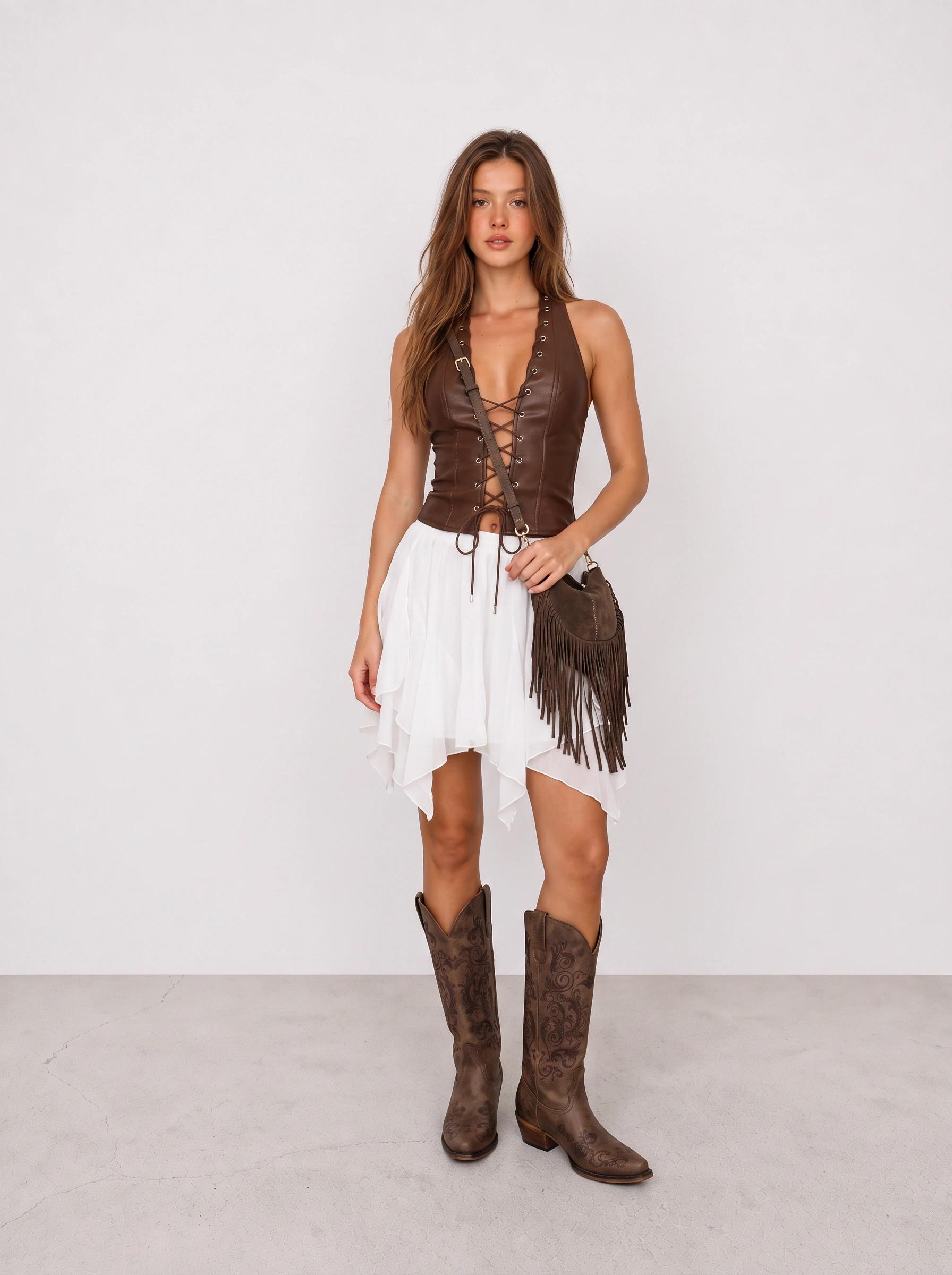 Brown Corset and White Ruffle Skirt Cowgirl Outfit