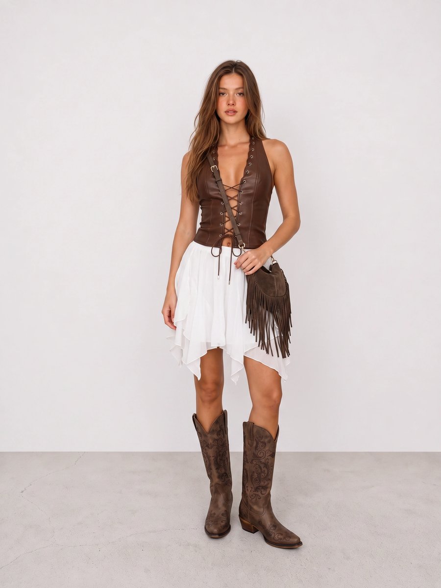 Woman wearing a brown corset, white ruffle skirt, tall brown boots, and a fringed bag