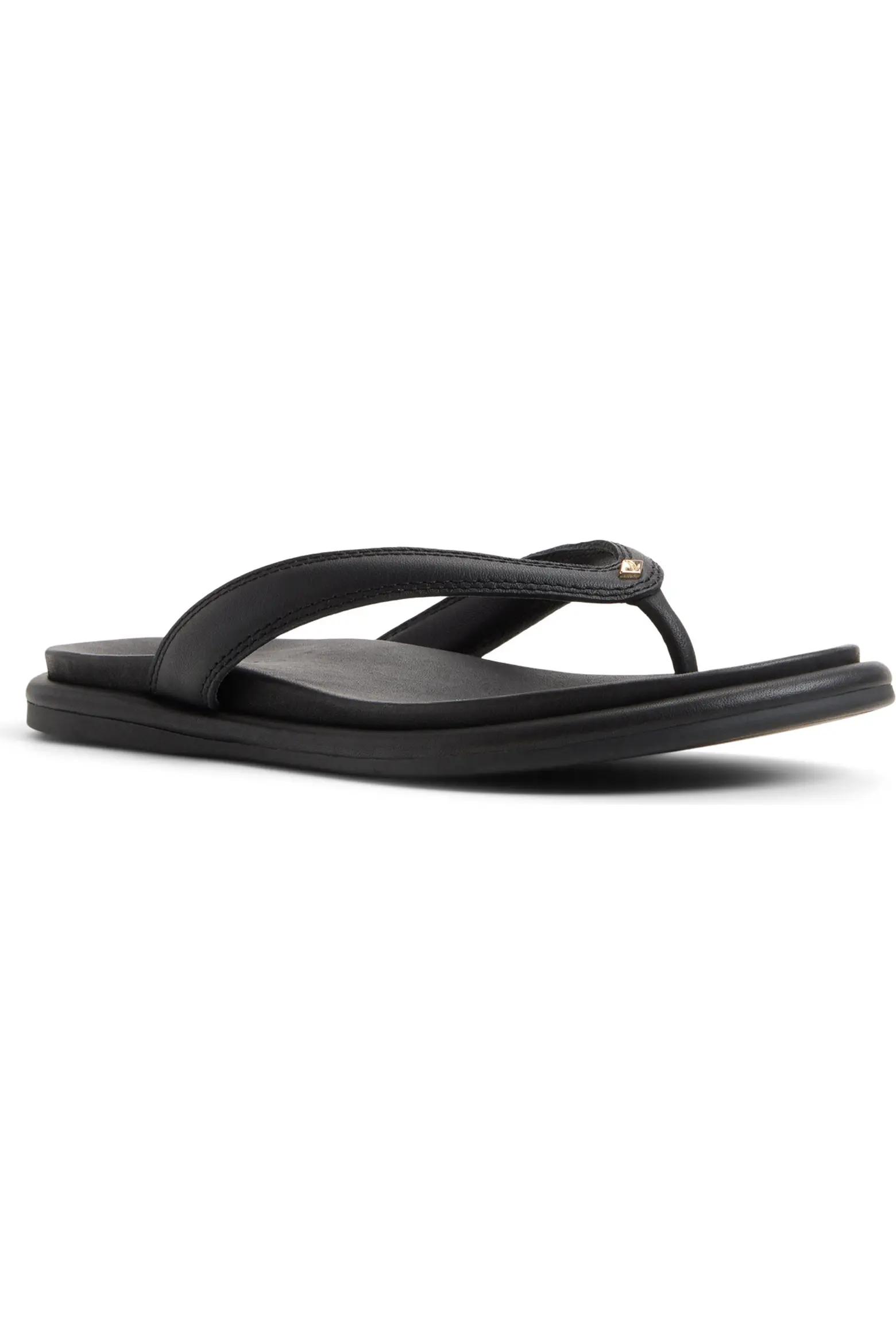 Black Leather Flip-Flop Sandals
