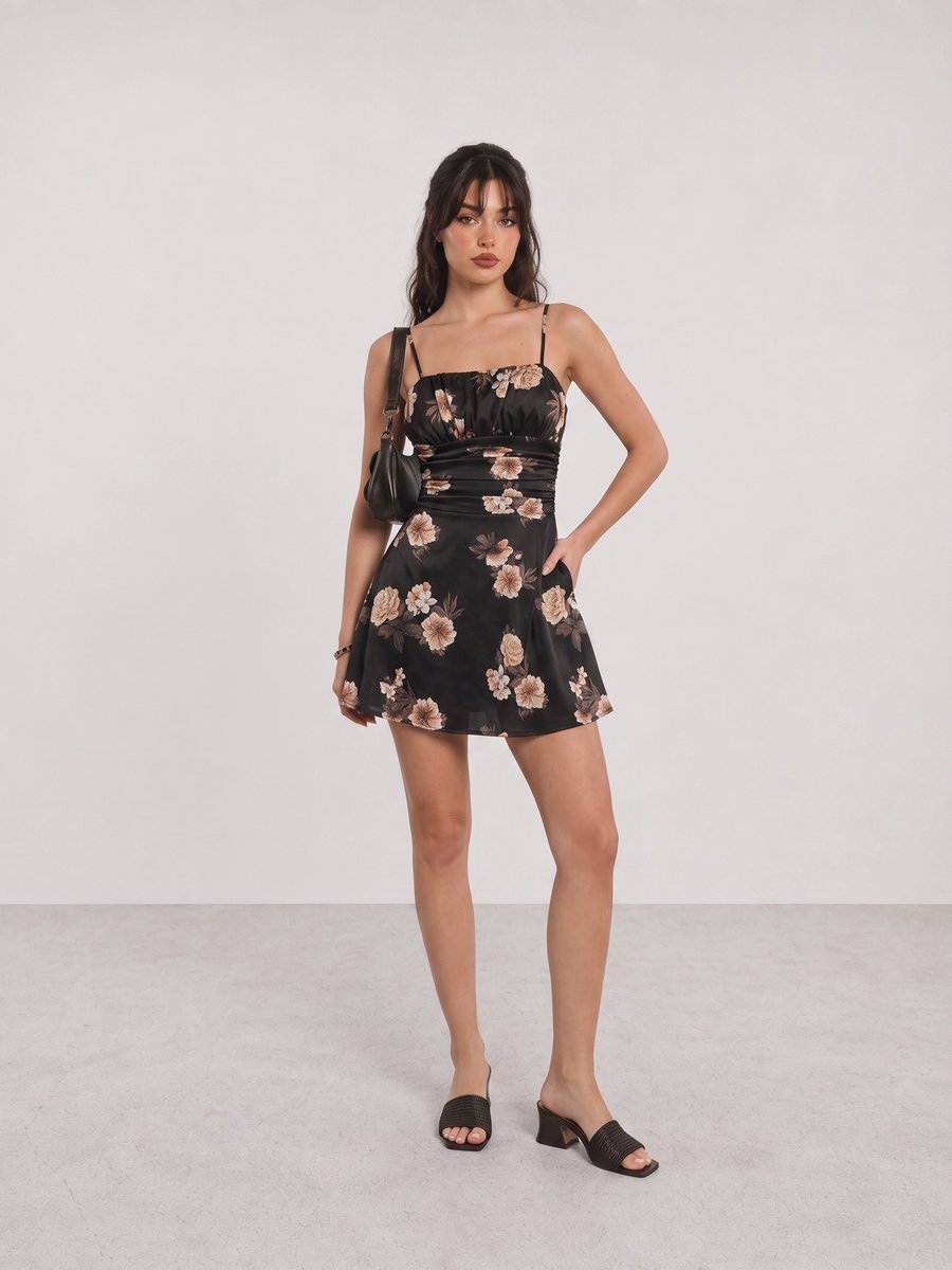 Woman wearing a black floral mini dress, black mules, and a black shoulder bag