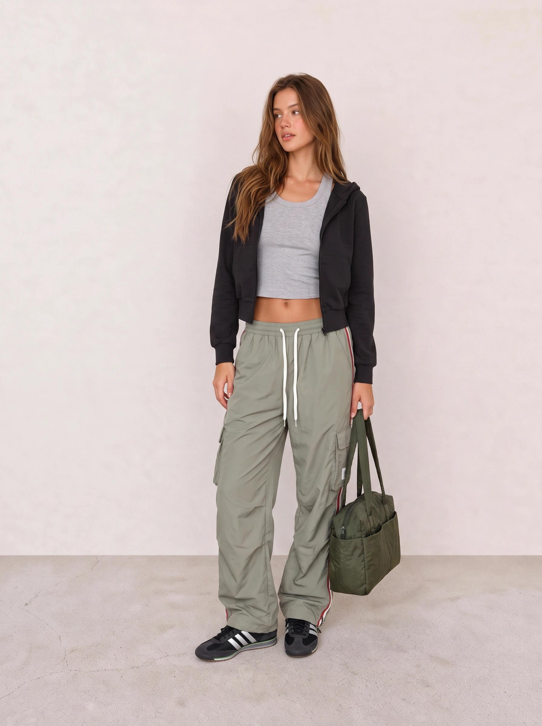 Grey Crop Tank and Olive Cargo Pants Athleisure Outfit