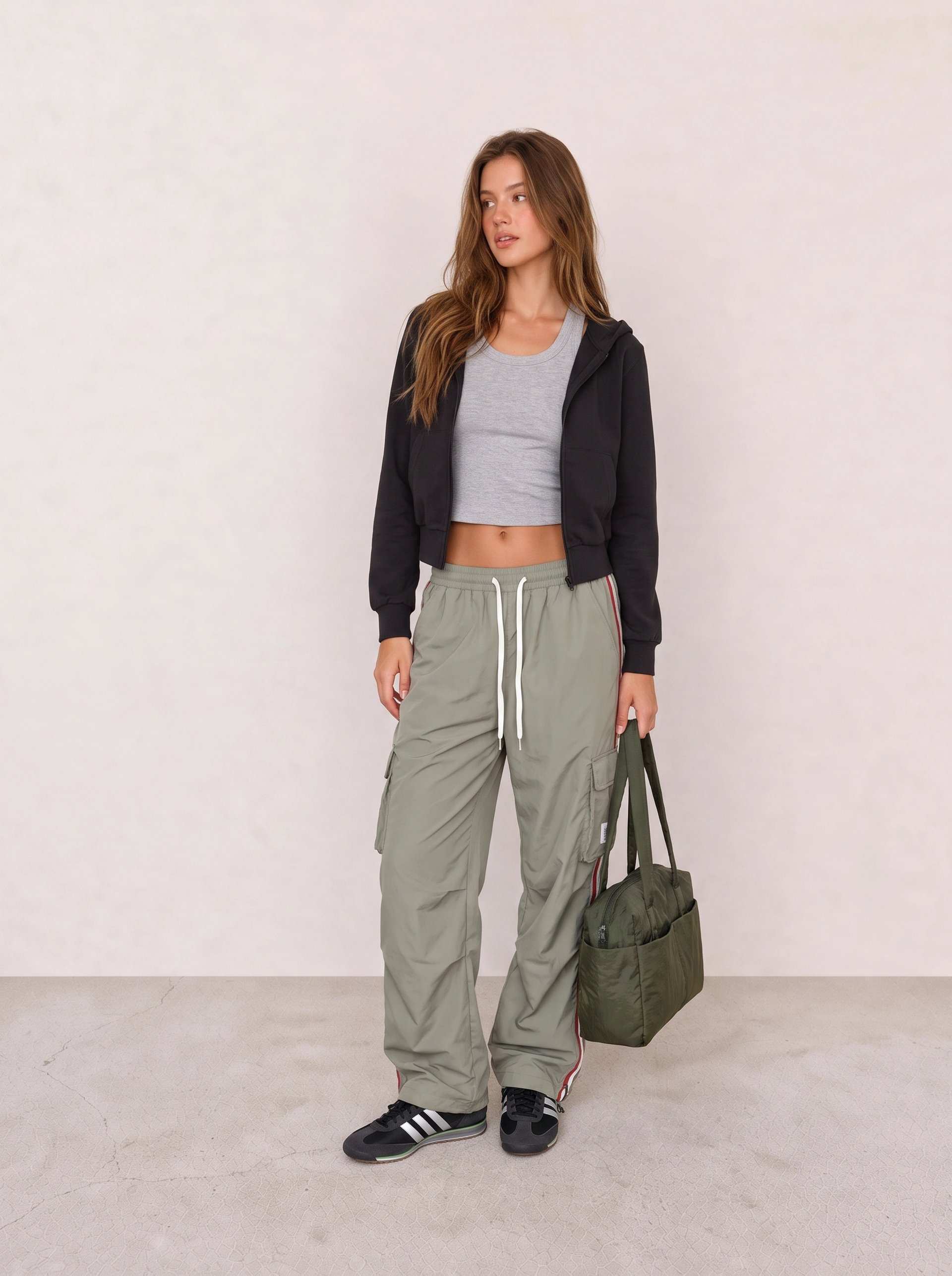 Grey Crop Tank and Olive Cargo Pants Athleisure Outfit