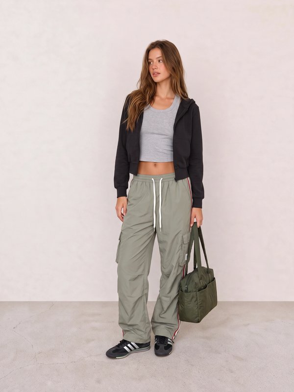 Grey Crop Tank and Olive Cargo Pants Athleisure Outfit