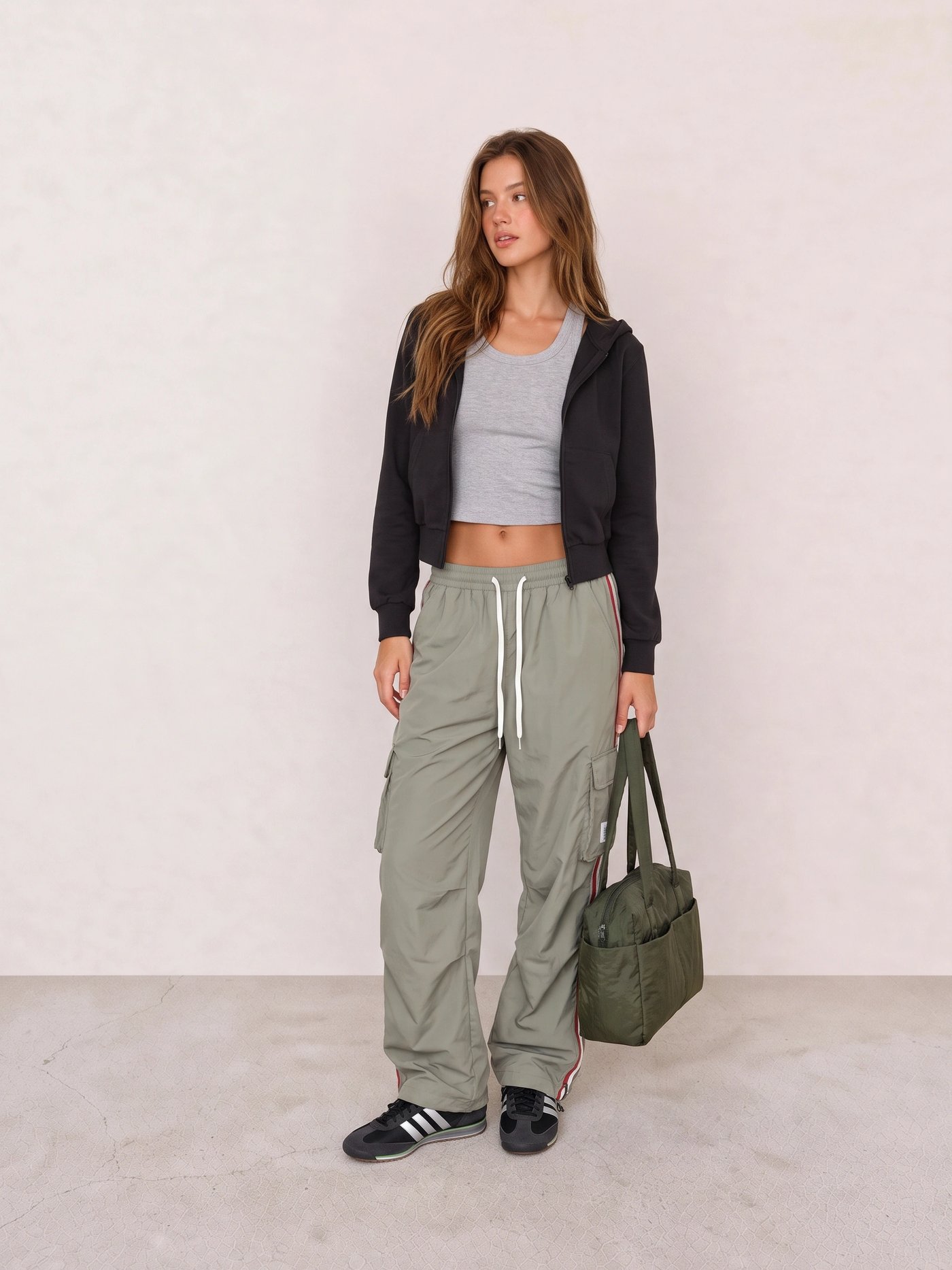 Grey Crop Tank and Olive Cargo Pants Athleisure Outfit