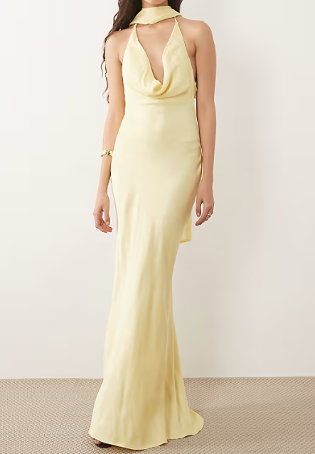 Pale Yellow Satin Cowl Halter Gown