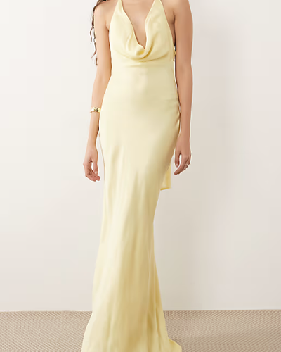Pale Yellow Satin Cowl Halter Gown