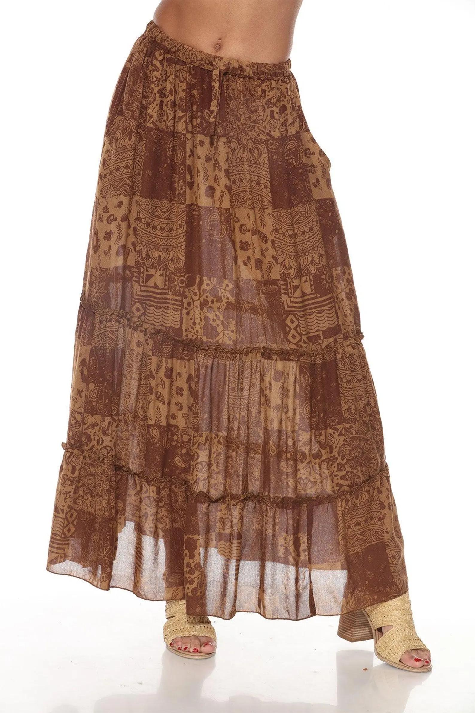 Brown Patchwork Tiered Maxi Skirt