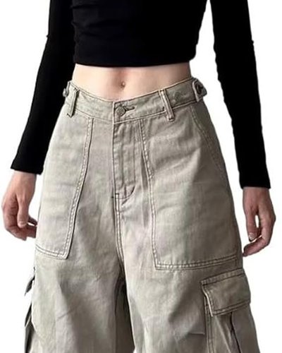 Cremefarbene Wide-Leg-Cargohose